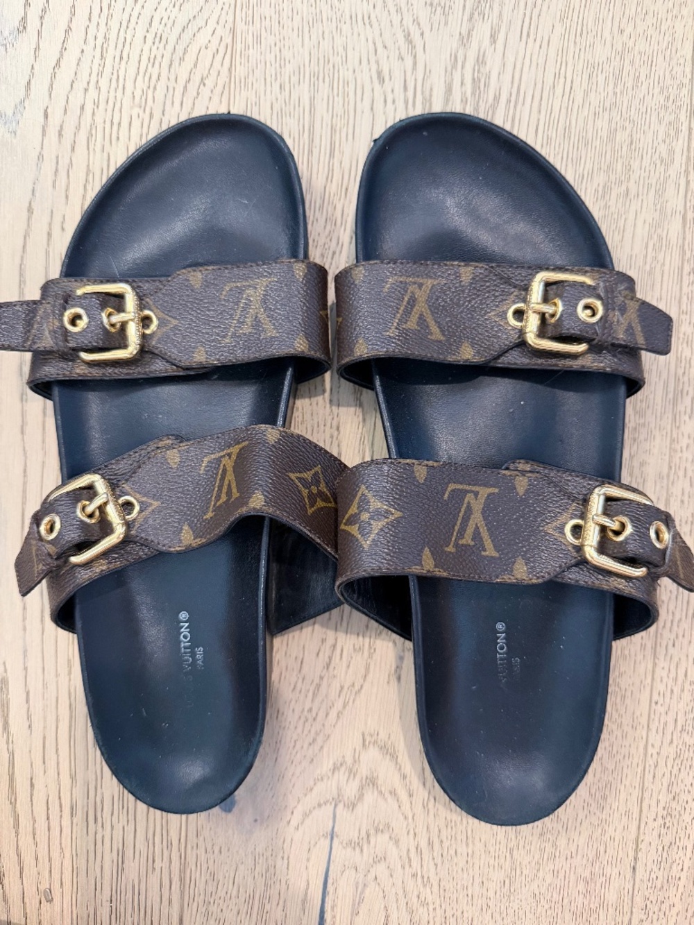 Louis Vuitton Monogram Double Strap Slide Sandals in Brown with Gold Buckles